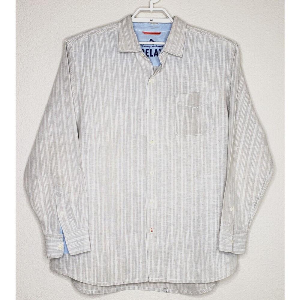 Tommy Bahama Mens Shirt XL? Gray White Stripe Linen Collared Button Down